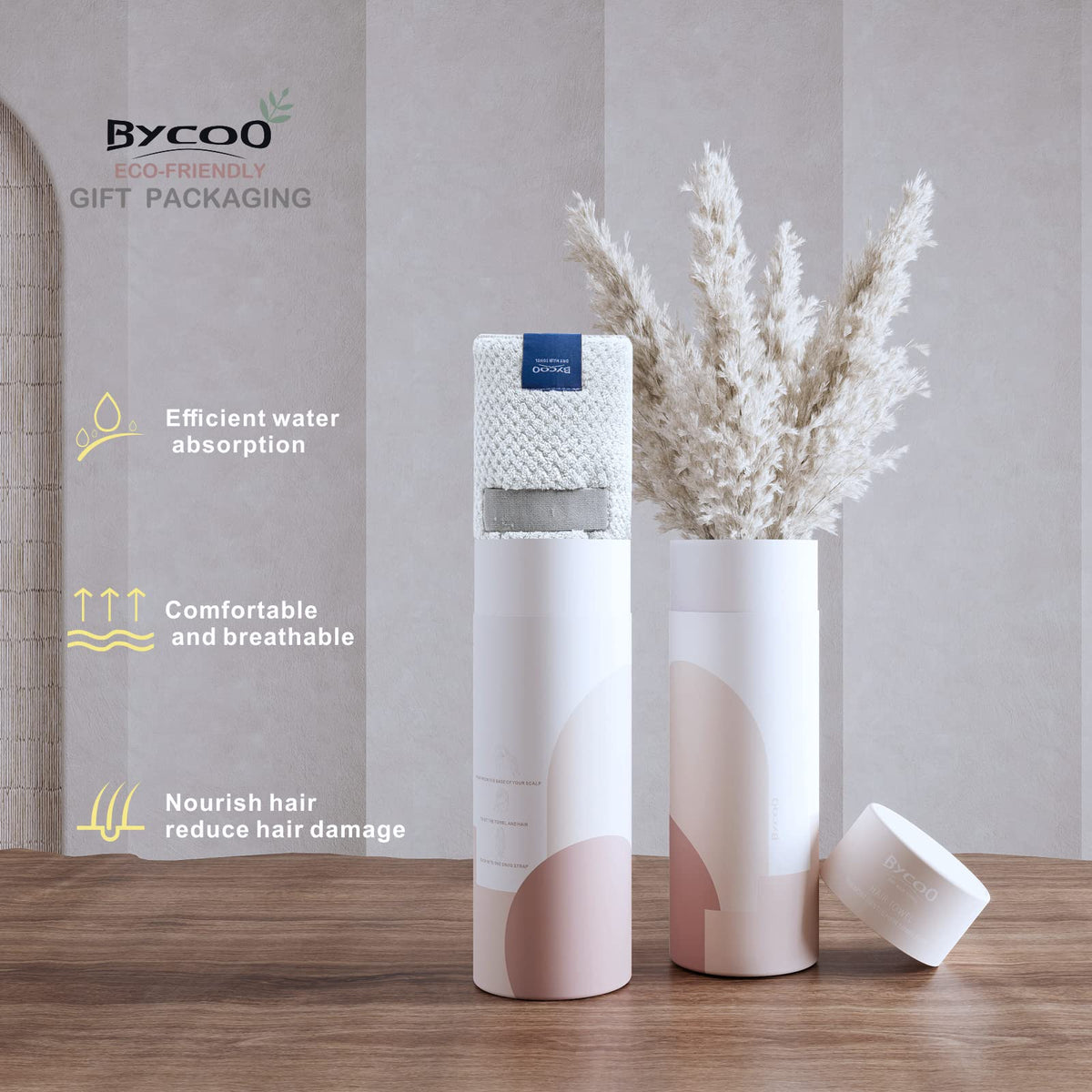 BYCOO towel folded in travel bundle spa setting showing portability benefit
