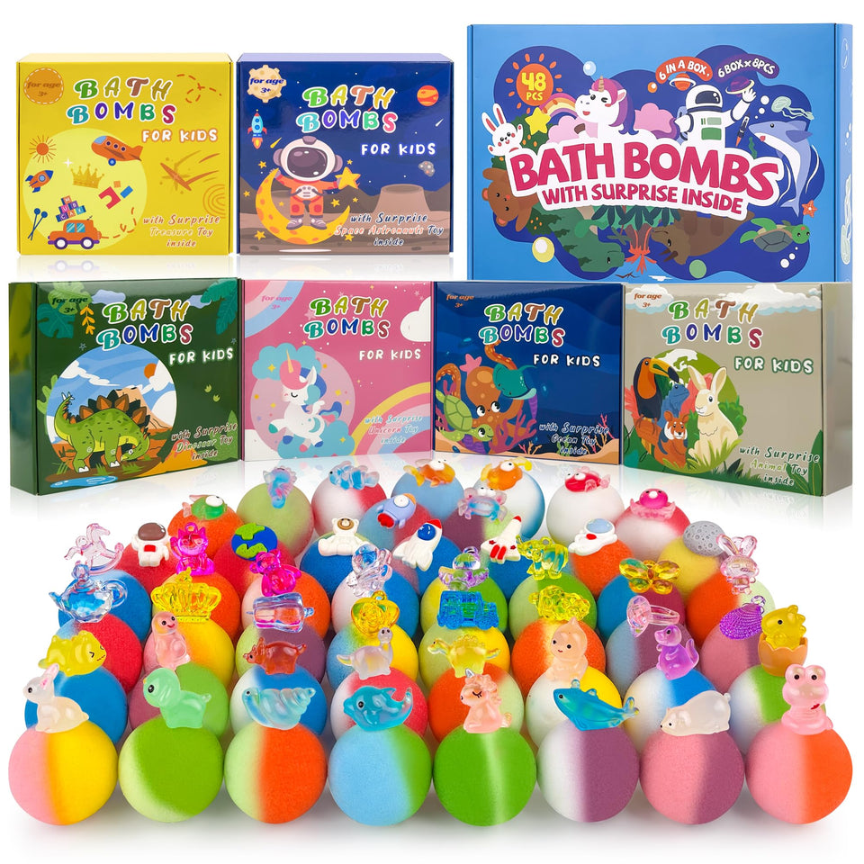 BYGGVIR front packaging showing six themed mini boxes and colorful bath bombs, clear gift-ready display