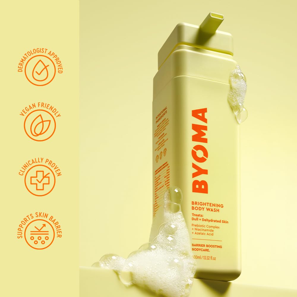 BYOMA bottle on shower shelf demonstrating shower-ready brightening care