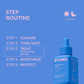 BYOMA bottle beside coin showing 1.01 fl oz size and travel convenience benefit