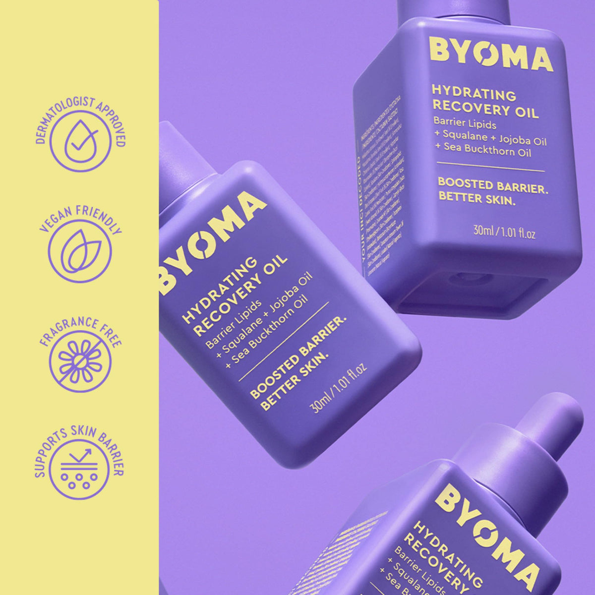 BYOMA bottle beside ceramic dish indicating compact size and scale