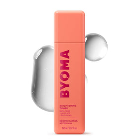 BYOMA brightening toner front bottle showing clear design and gentle formula benefits