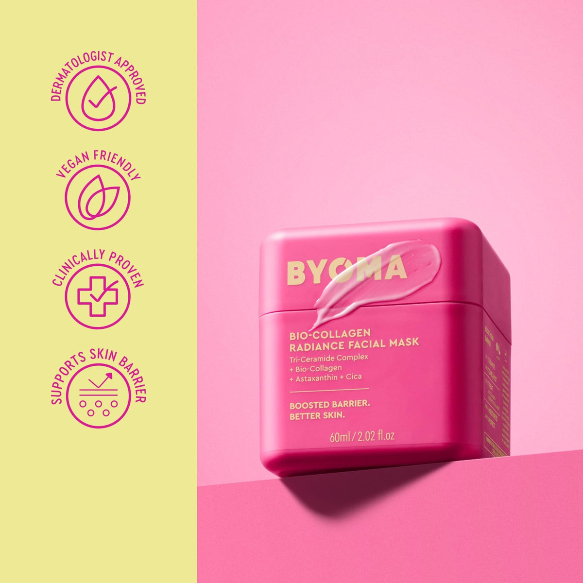 BYOMA ingredient label close-up highlighting cica, ceramides and collagen