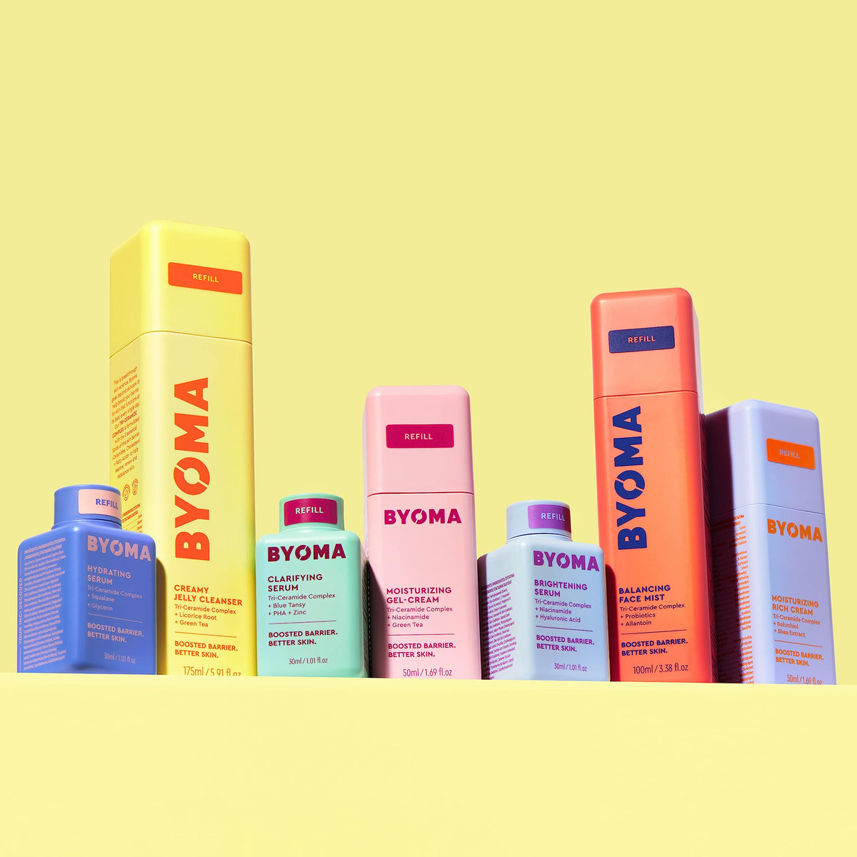 BYOMA bottle on bathroom vanity styled to show everyday skincare routine
