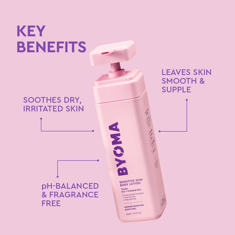 BYOMA pump dispensing lotion onto hand for quick, non-greasy hydration