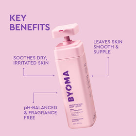 BYOMA pump dispensing lotion onto hand for quick, non-greasy hydration
