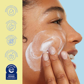 BYOMA cleanser being massaged onto dry skin, removes makeup without stripping