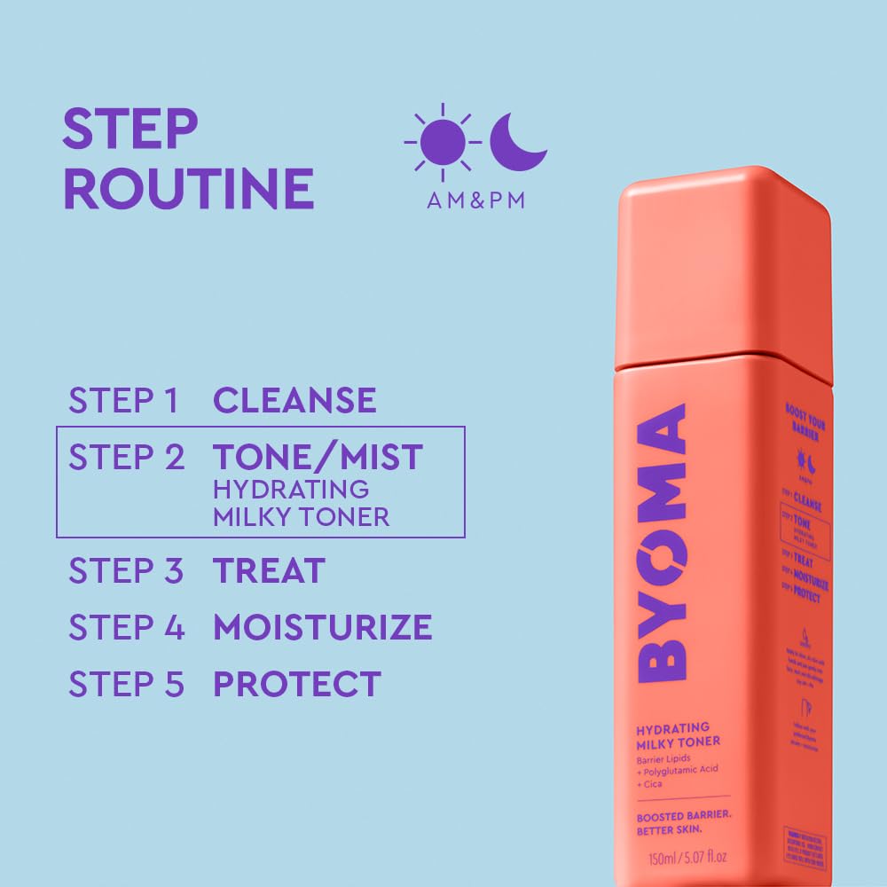 BYOMA woman using toner in a morning routine for dewy skin