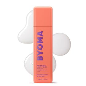 BYOMA bottle front view showing soothing milky toner and benefits