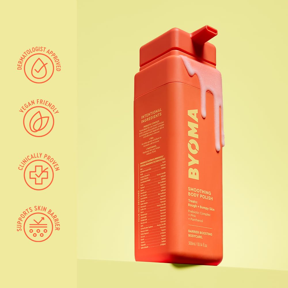 BYOMA ingredient label showing PHA, panthenol, and prebiotic complex benefits
