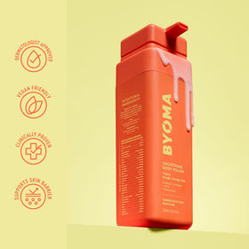 BYOMA ingredient label showing PHA, panthenol, and prebiotic complex benefits