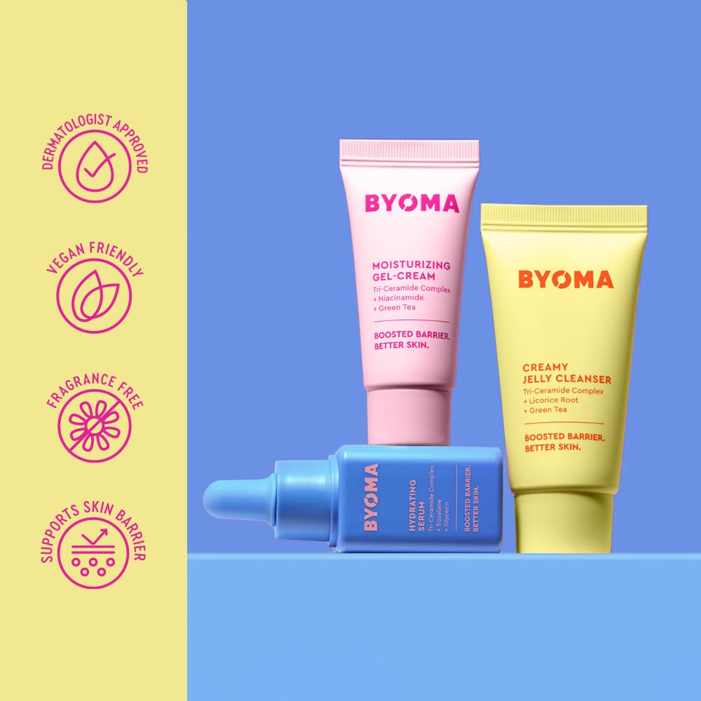 BYOMA products styled on a bathroom shelf suggesting an easy daily skincare routine