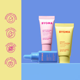 BYOMA products styled on a bathroom shelf suggesting an easy daily skincare routine