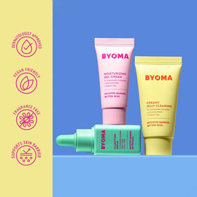 BYOMA products on bathroom shelf lifestyle shot offering a neat daily routine