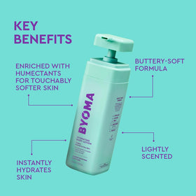 BYOMA pump dispensing lotion demonstrating easy use and quick absorption
