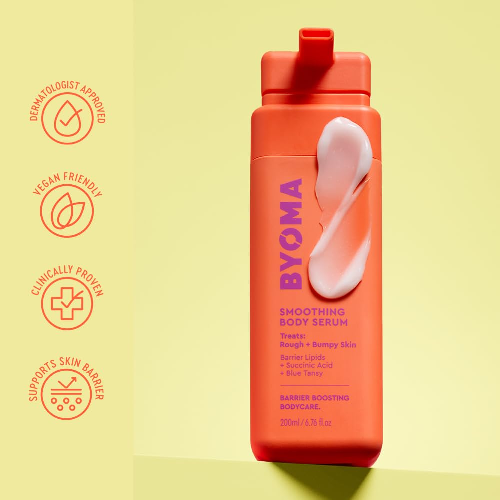 BYOMA bottle beside hand for scale showing travel-friendly size