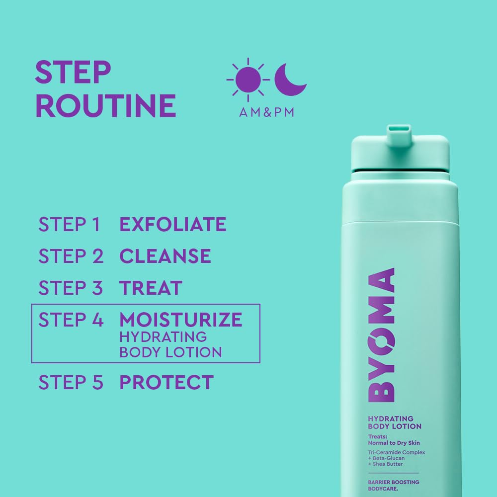 BYOMA bottle beside hand for scale showing 13.52 fl oz travel-ready size