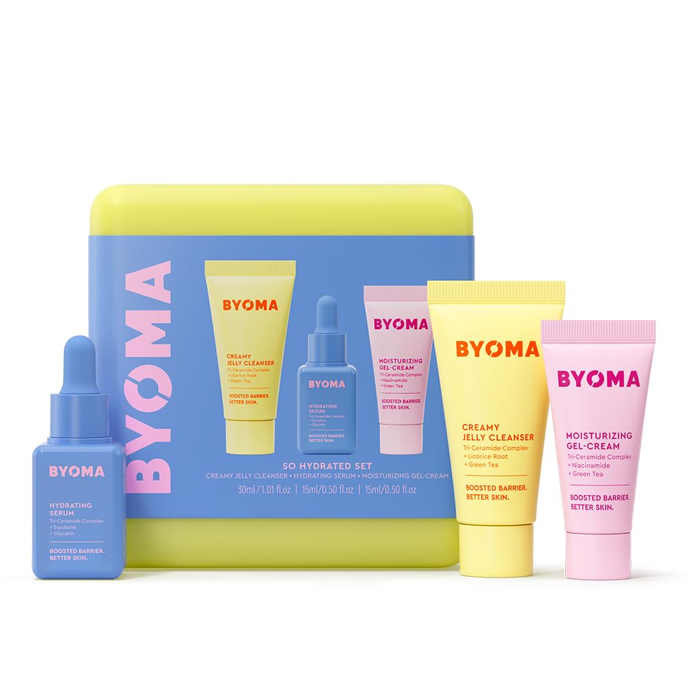 BYOMA front packaging showing the three hydrating travel-size products and benefits