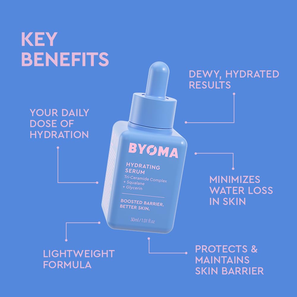 BYOMA hydrating serum texture on skin showing lightweight absorbency benefit