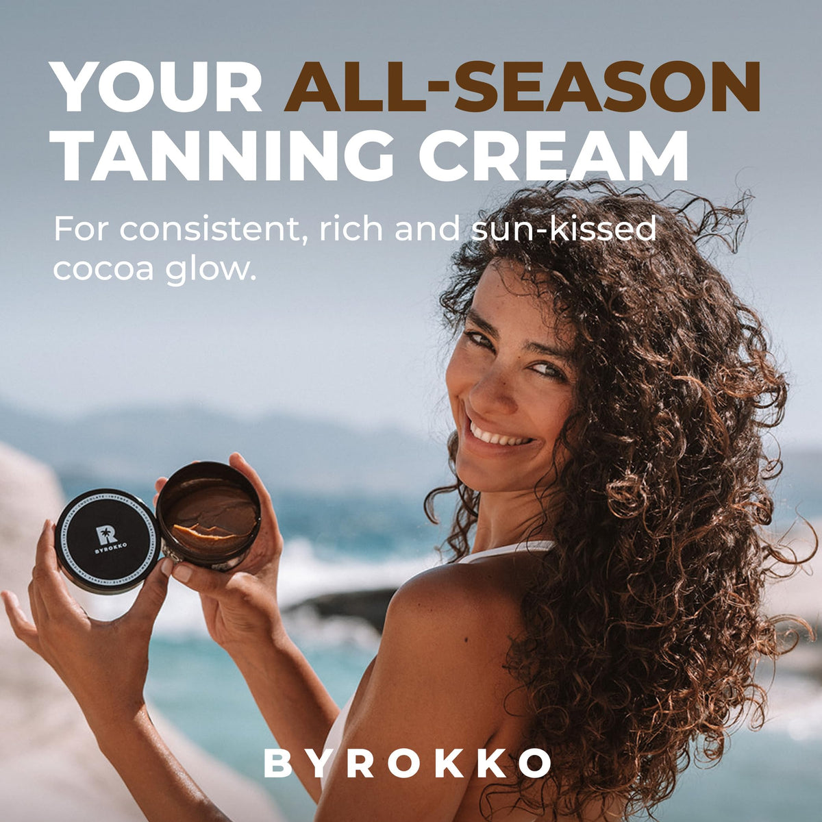 BYROKKO SHINEBROWN beside tanning bed to show indoor tanning compatibility
