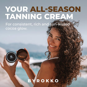 BYROKKO SHINEBROWN beside tanning bed to show indoor tanning compatibility