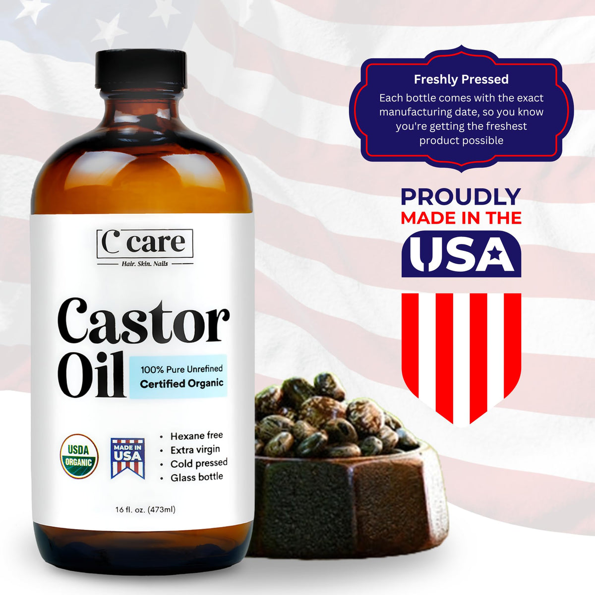 C CARE amber glass bottle close-up protecting oil from light and preserving potency