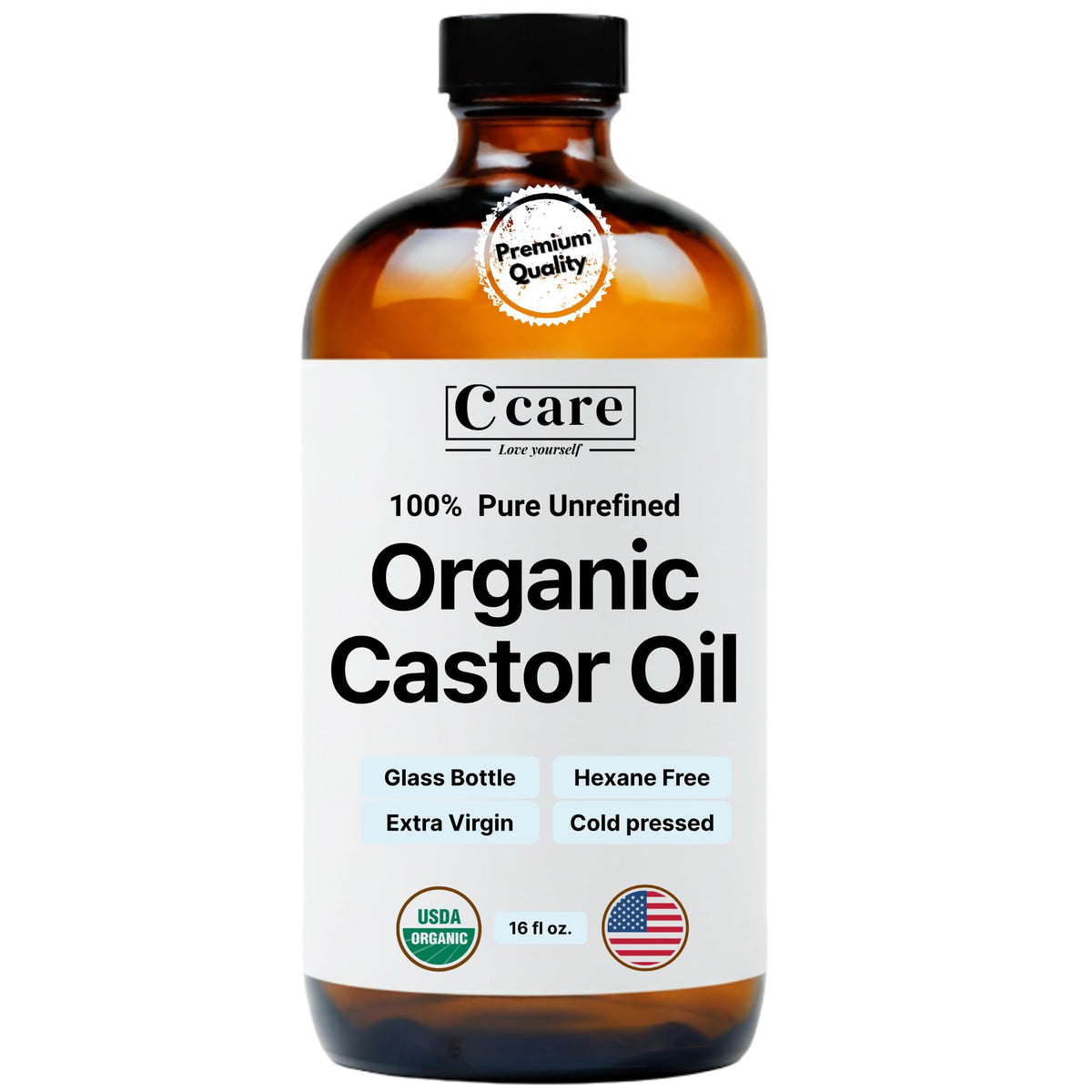C CARE amber glass bottle front view showing organic castor oil benefit: purity preserved