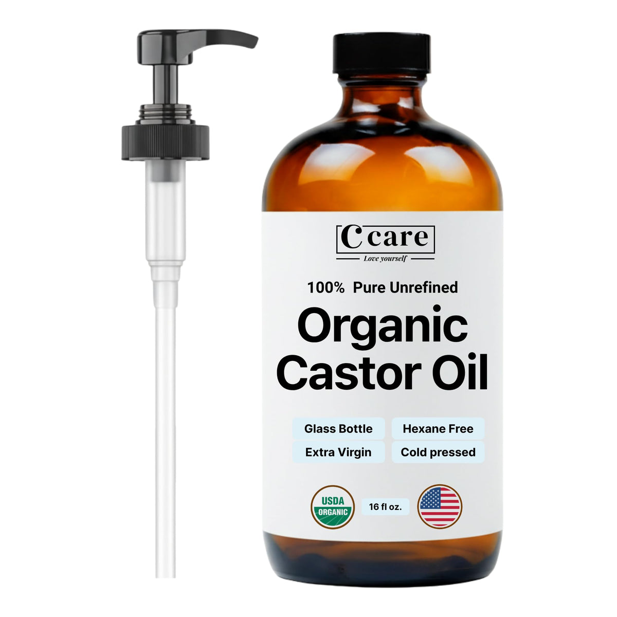 C CARE front view amber glass bottle with pump showing organic label and safe dosing