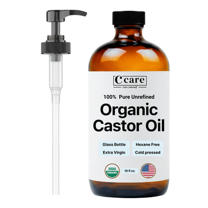 C CARE front view amber glass bottle with pump showing organic label and safe dosing