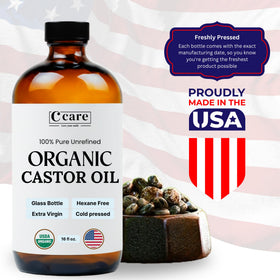 C CARE golden castor oil pouring into spoon showing rich texture and moisturizing benefit