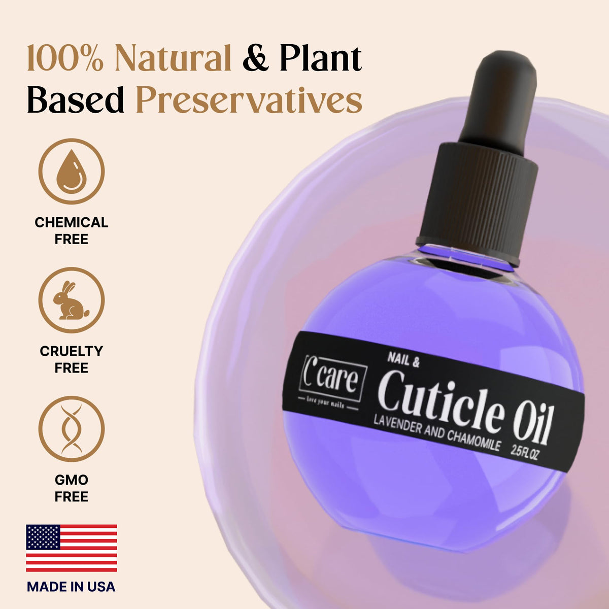 C CARE brush applicator poised to spread oil for even cuticle coverage