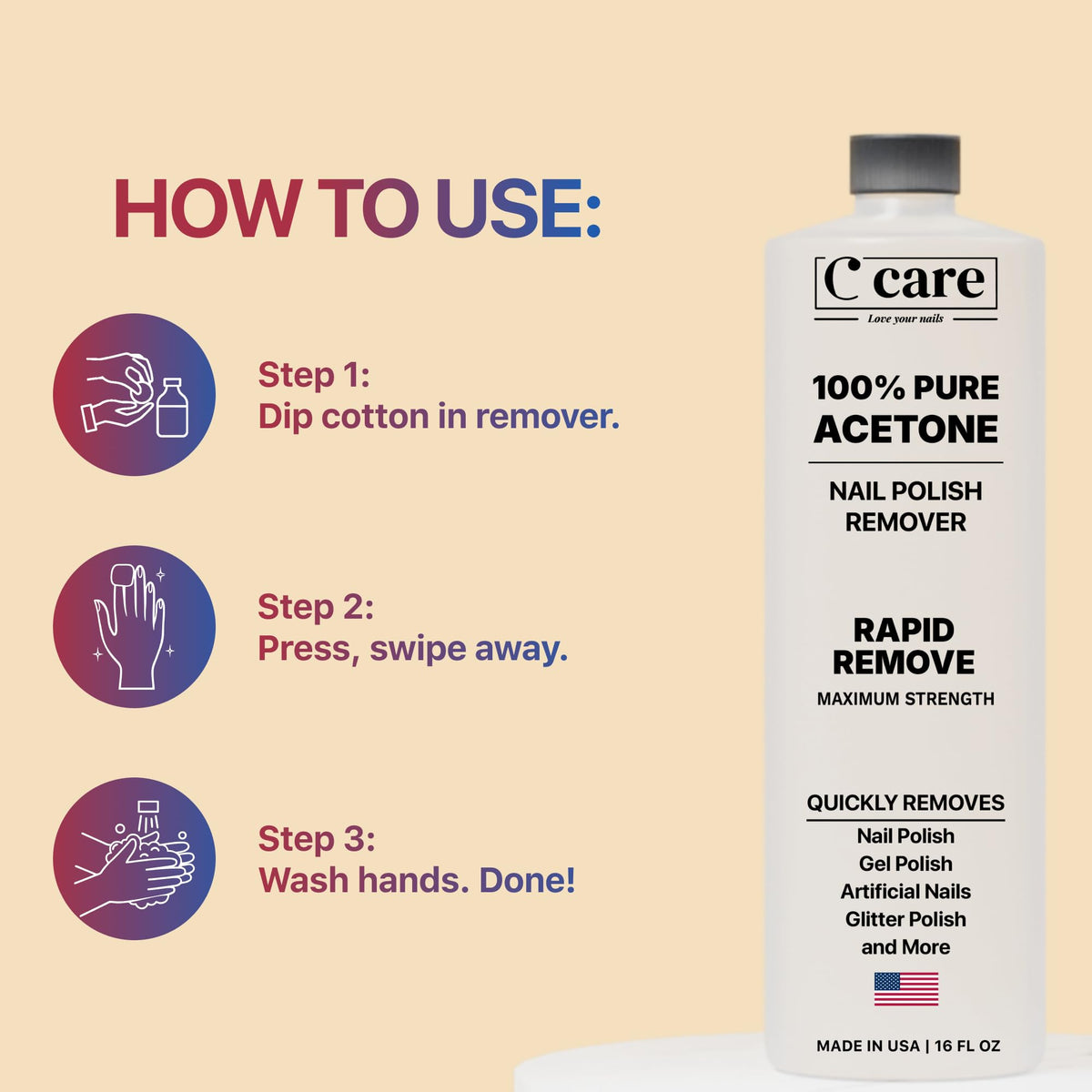 C CARE removed polish on nail revealing clean, prepped nail benefit