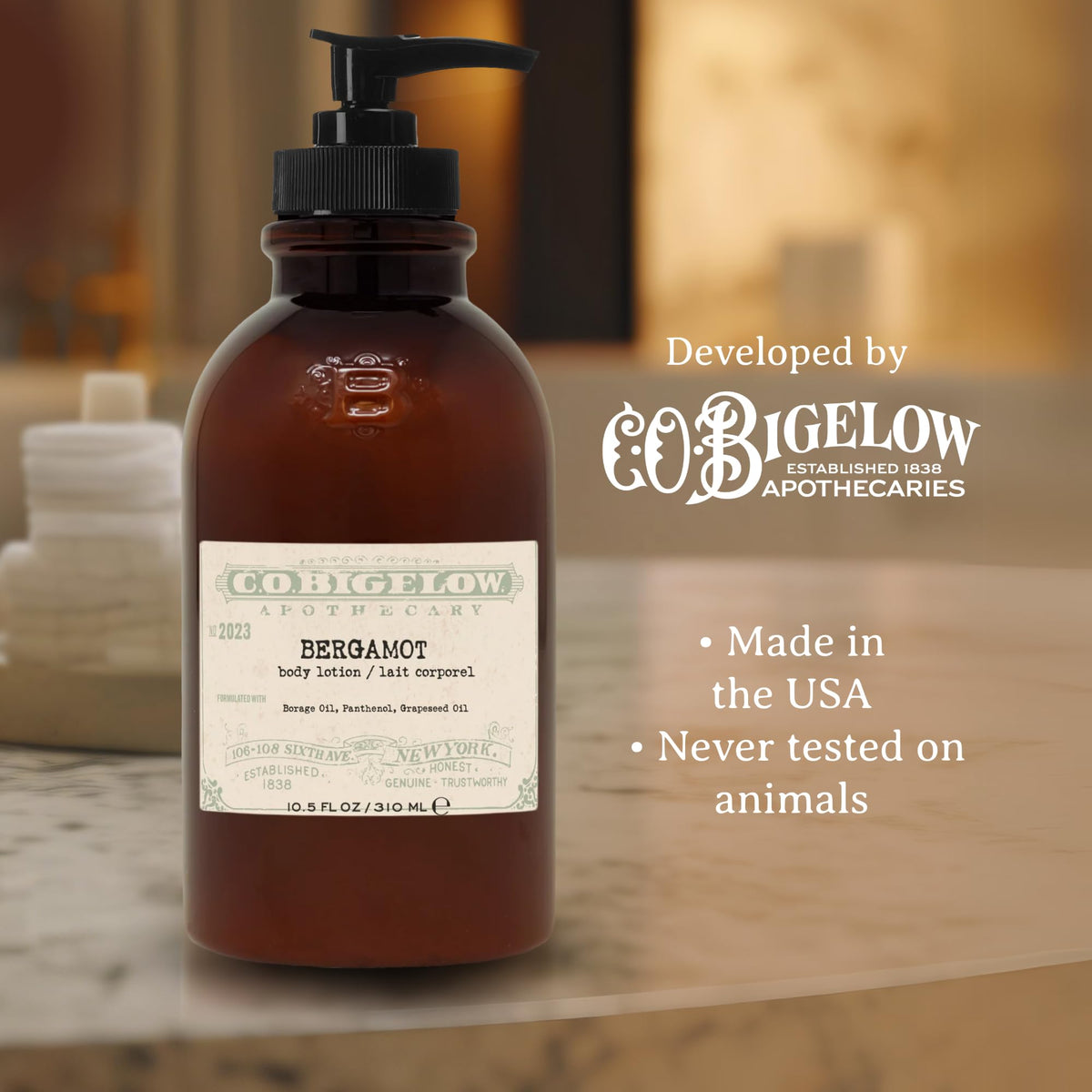 C. O. Bigelow bottle staged in bathroom routine for daily hydration benefit