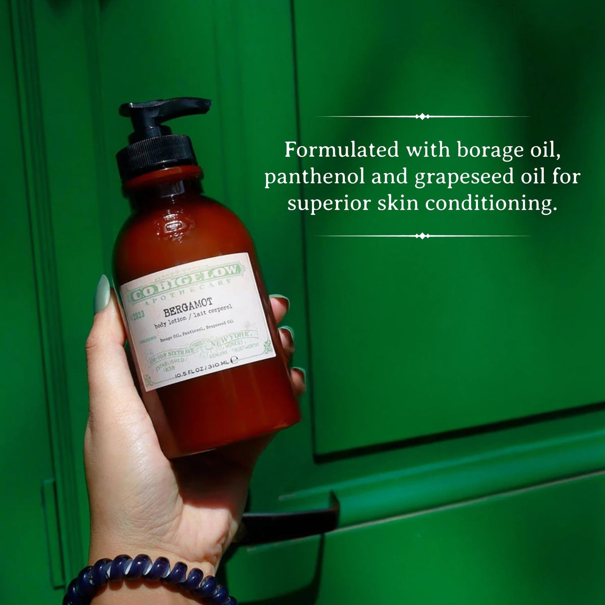 C. O. Bigelow label closeup highlighting shea butter and grapeseed ingredients benefit