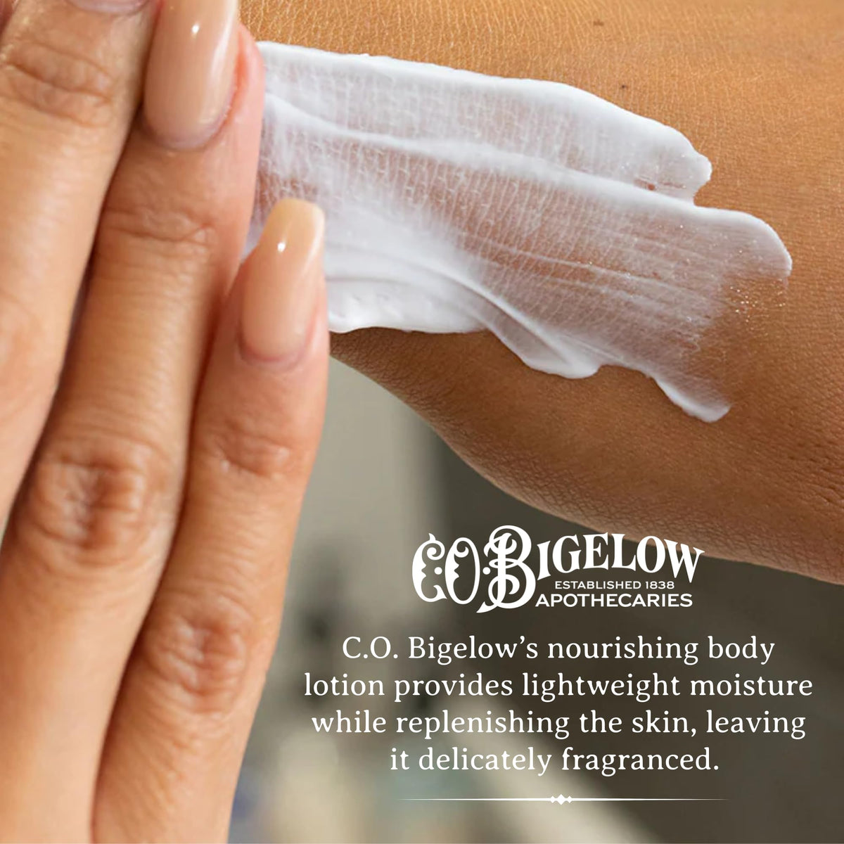 C. O. Bigelow lotion on palm showing lightweight texture and quick-absorbing benefit