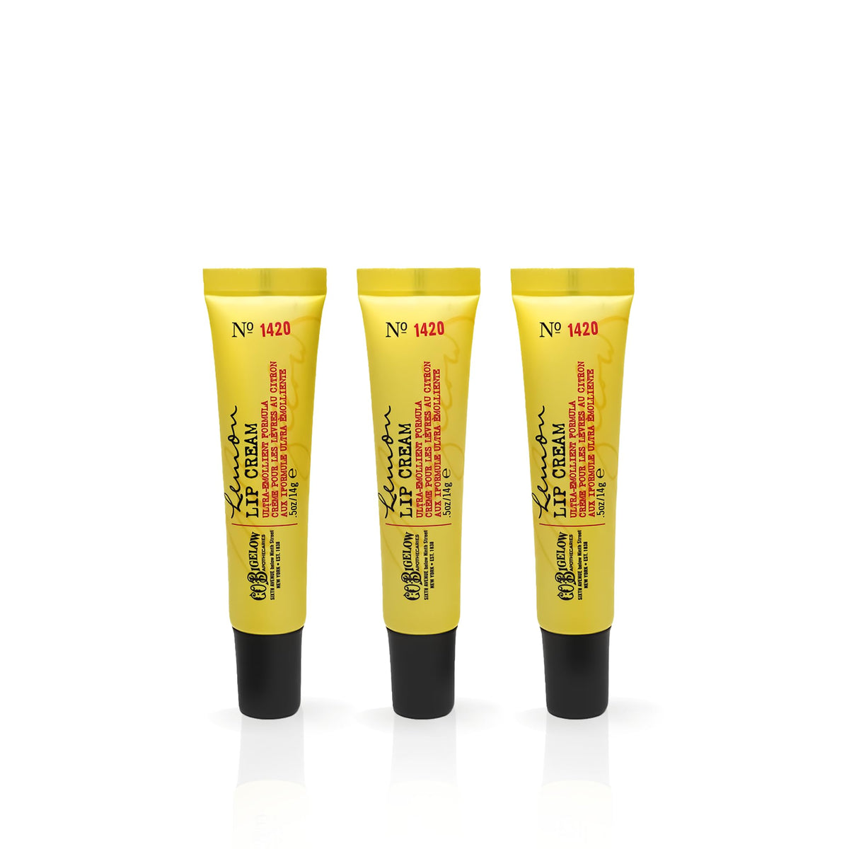 C. O. Bigelow front packaging showing three lemon lip cream tubes and benefits