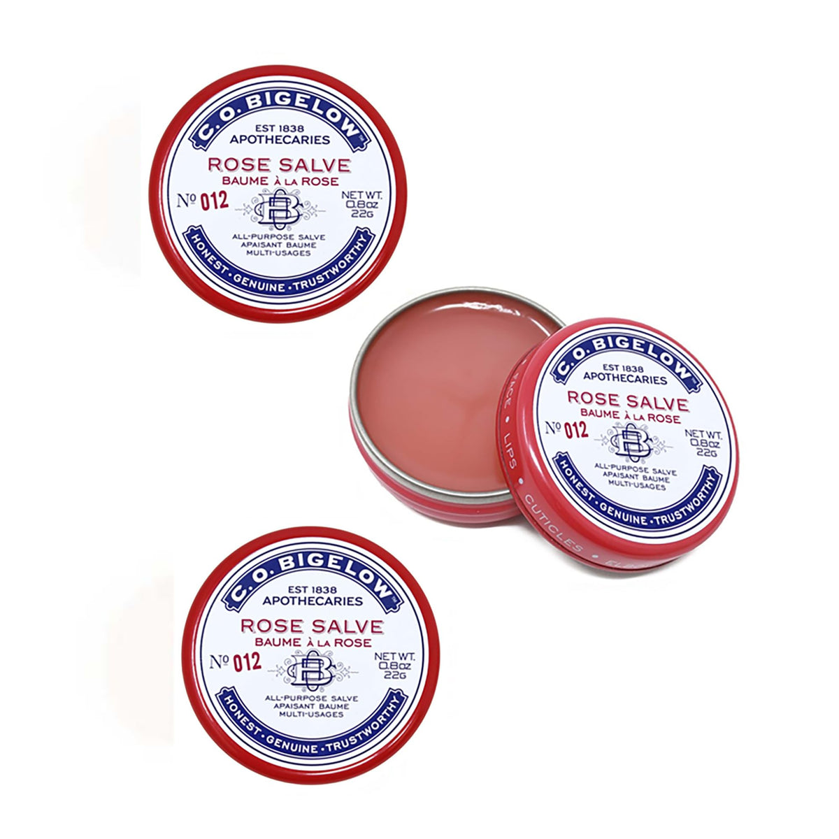 C.O. Bigelow front view of three rose salve tins showing packaging and size benefit