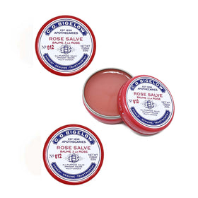 C.O. Bigelow front view of three rose salve tins showing packaging and size benefit