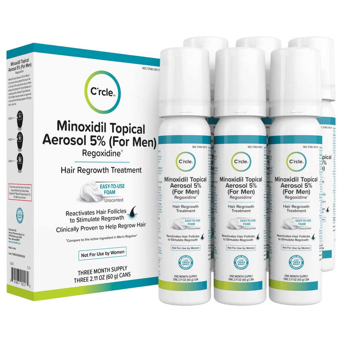 C'rcle front packaging showing unscented 5% minoxidil foam benefit