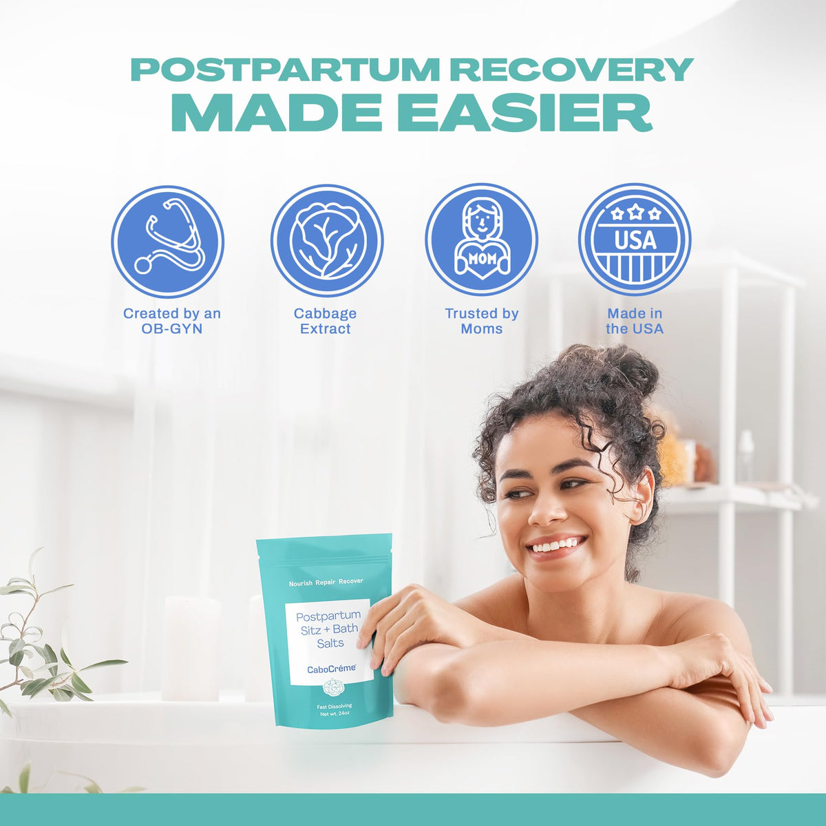 Cabocreme lifestyle image of a new mom relaxing with soak
