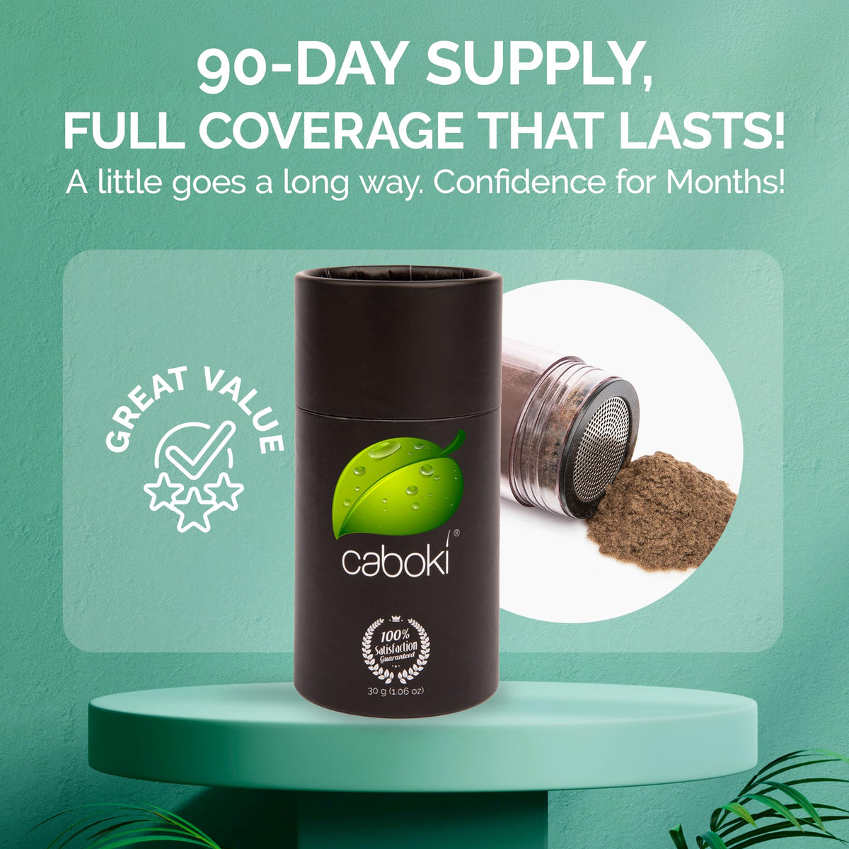 Caboki applicator top view demonstrating controlled shake application for precise coverage