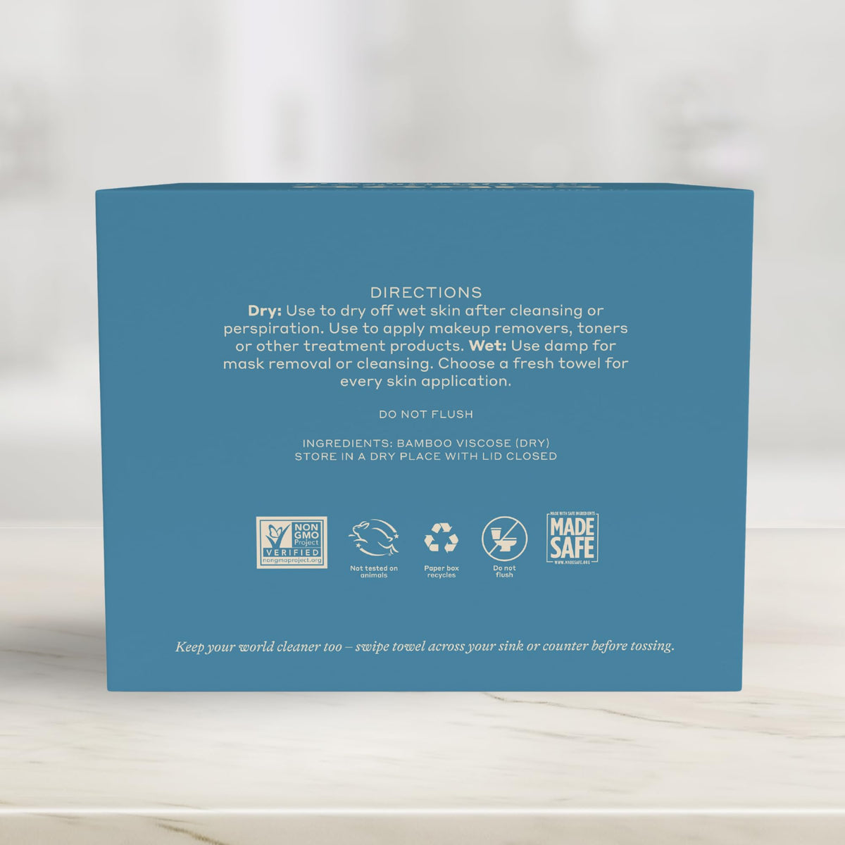 Caboo towels on bathroom tray for tidy, travel-ready convenience