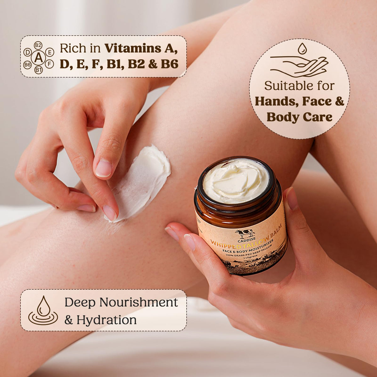 Close-up beeswax and honey near CADDISE, emphasizes nourishing protective blend