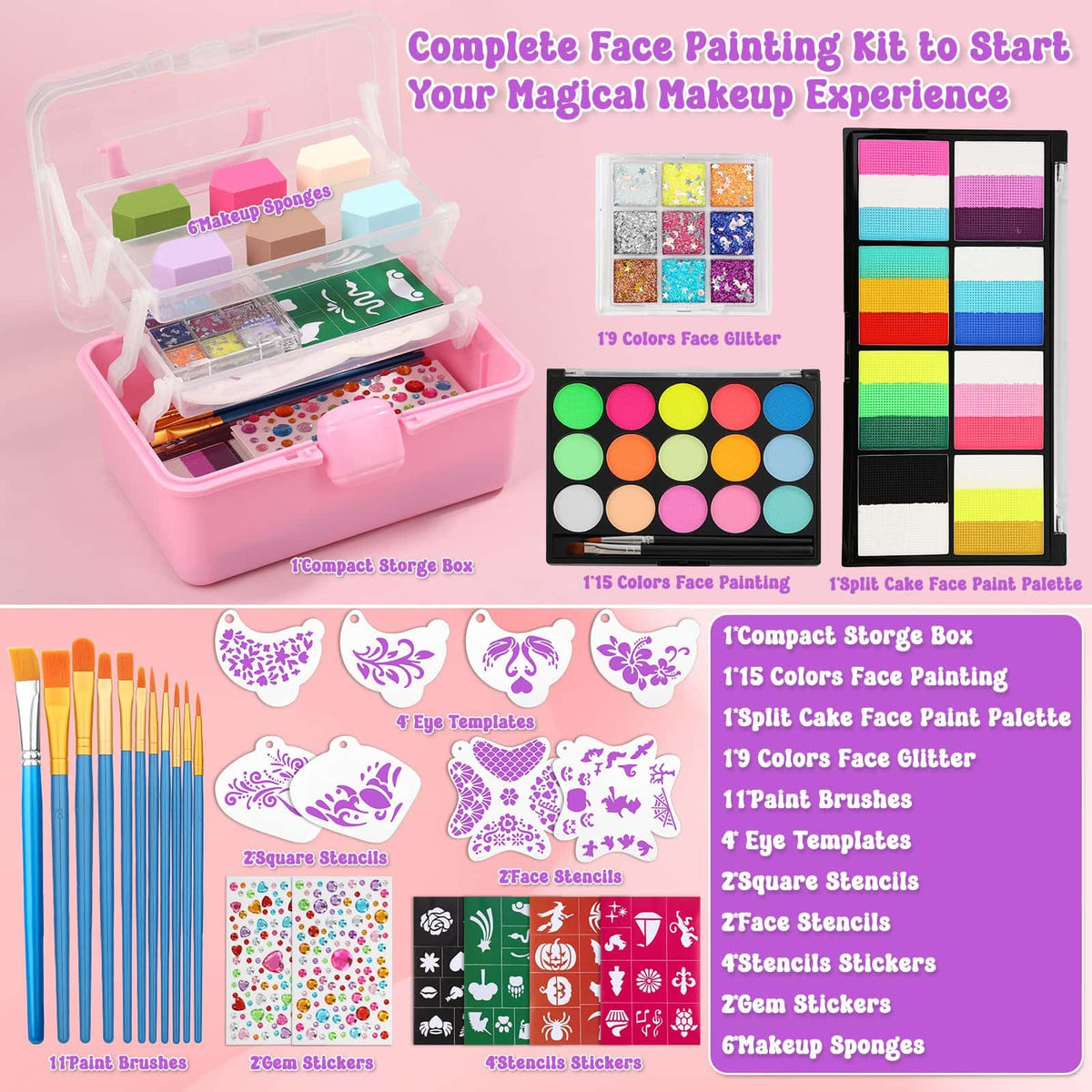 Caffox front view of 15 split-cake colors demonstrating vivid, even pigment