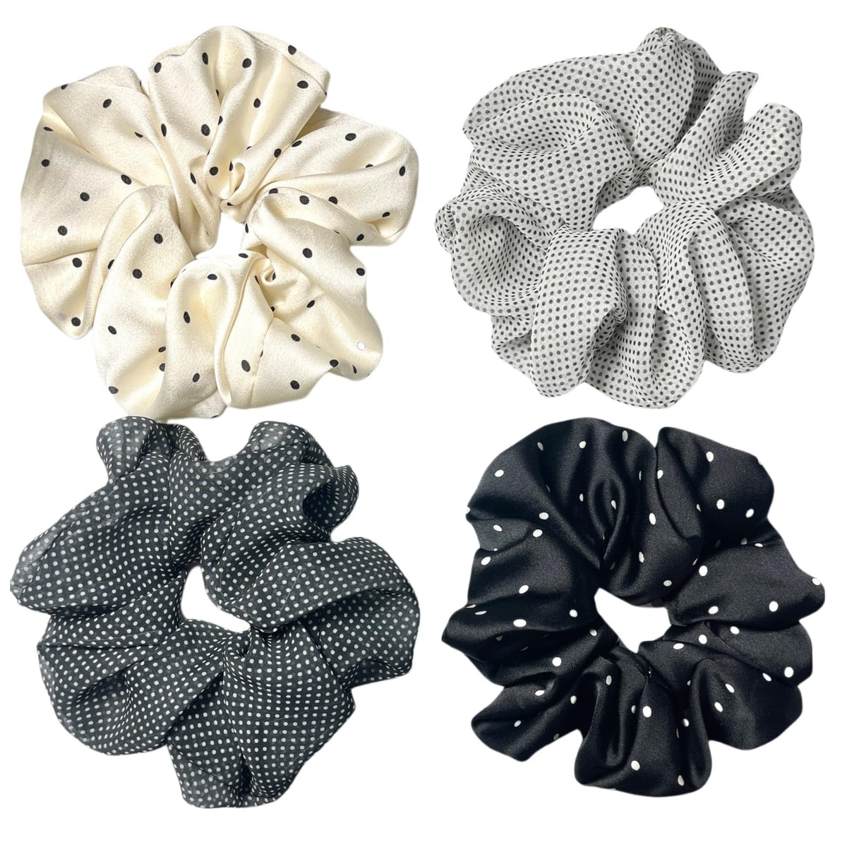 CAFUDEYE front view BW DOT oversized scrunchie shows pattern and glossy finish for style