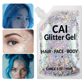 CAI BEAUTY NYC model at festival wearing holographic gel, demonstrates event-ready sparkle