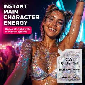 CAI BEAUTY NYC gel texture close-up demonstrating smooth glitter suspension, shows quality