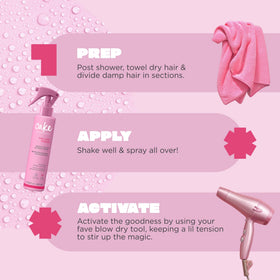 Cake Beauty being sprayed on damp curly hair to reduce frizz and smooth strands