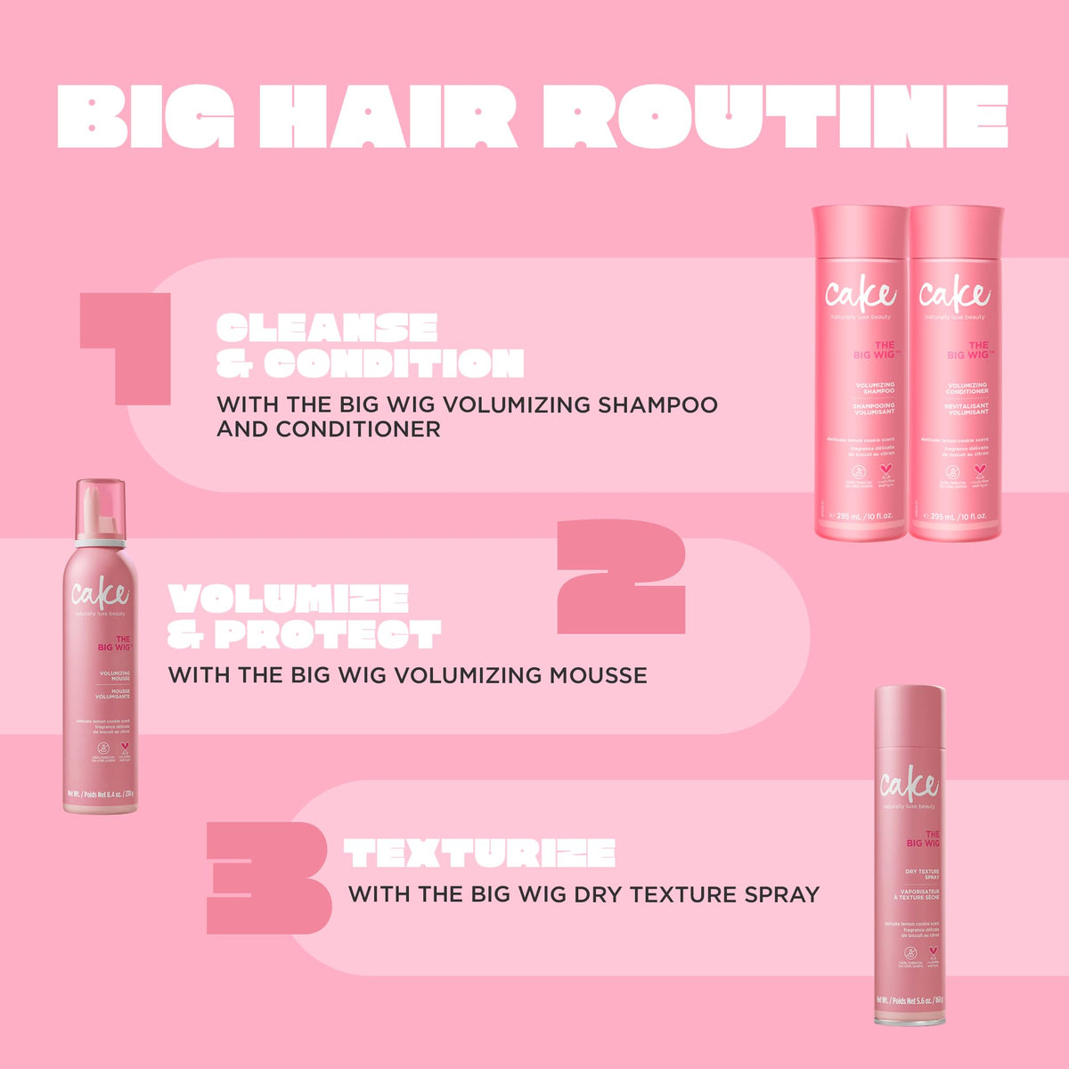 Cake Beauty Big Wig on shower shelf with styling products, suggests volumizing routine benefit