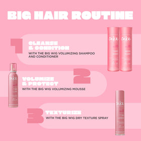 Cake Beauty Big Wig on shower shelf with styling products, suggests volumizing routine benefit